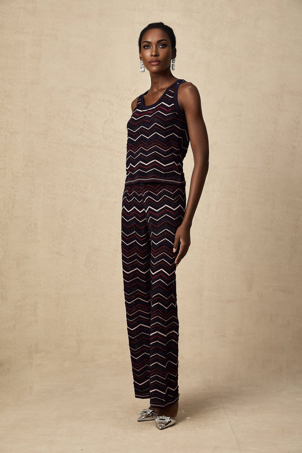 Gabriela Top & Trousers - Sleeveless Round Neck Crochet Knit Zigzag Design Elasticated Waistband Wide Leg Straight Hem