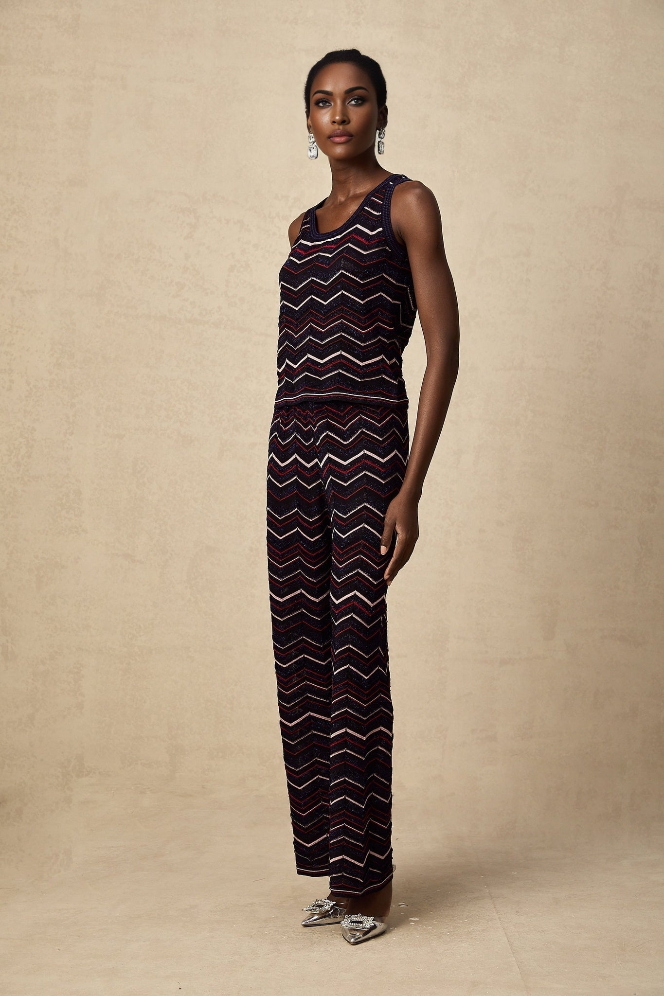 Gabriela Top & Trousers - Sleeveless Round Neck Crochet Knit Zigzag Design Elasticated Waistband Wide Leg Straight Hem