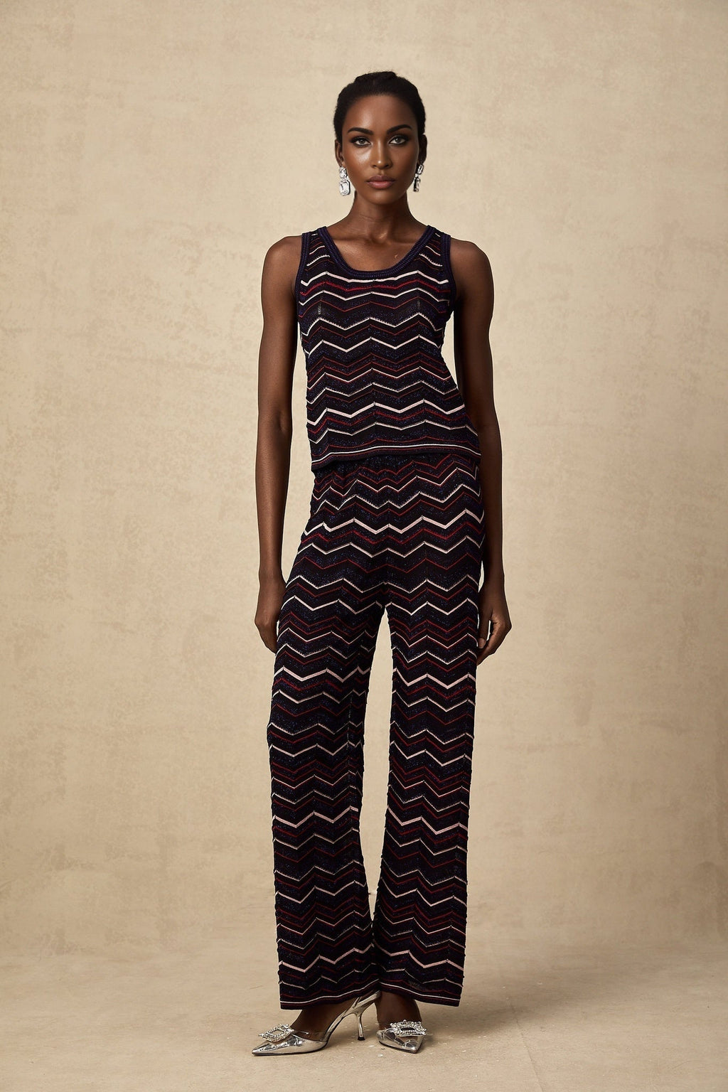 Gabriela Top & Trousers - Sleeveless Round Neck Crochet Knit Zigzag Design Elasticated Waistband Wide Leg Straight Hem