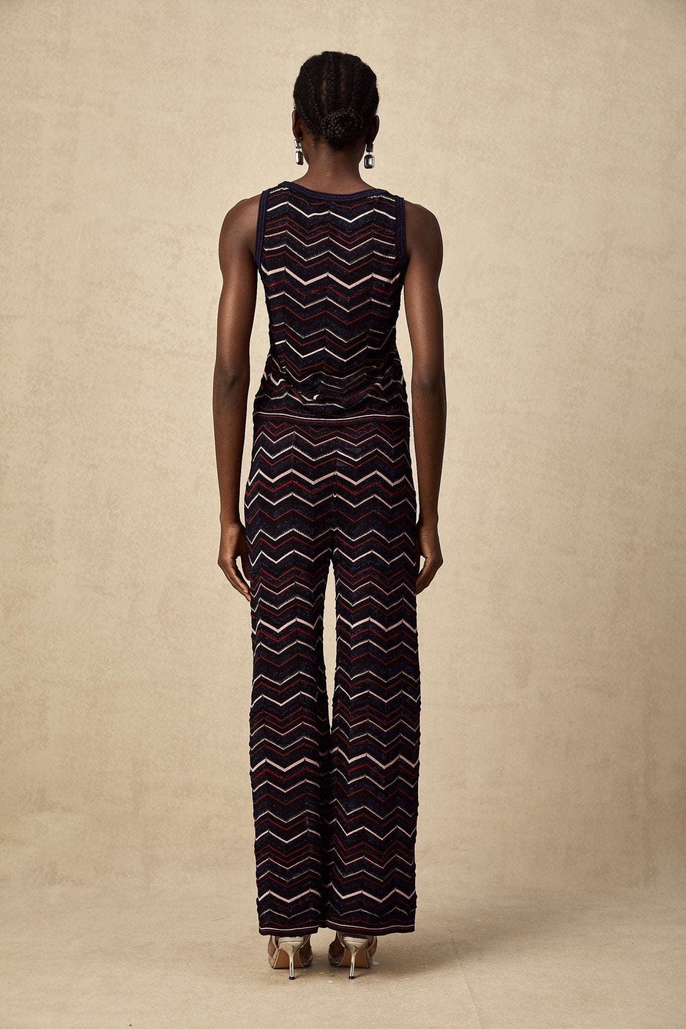 Gabriela Top & Trousers - Sleeveless Round Neck Crochet Knit Zigzag Design Elasticated Waistband Wide Leg Straight Hem