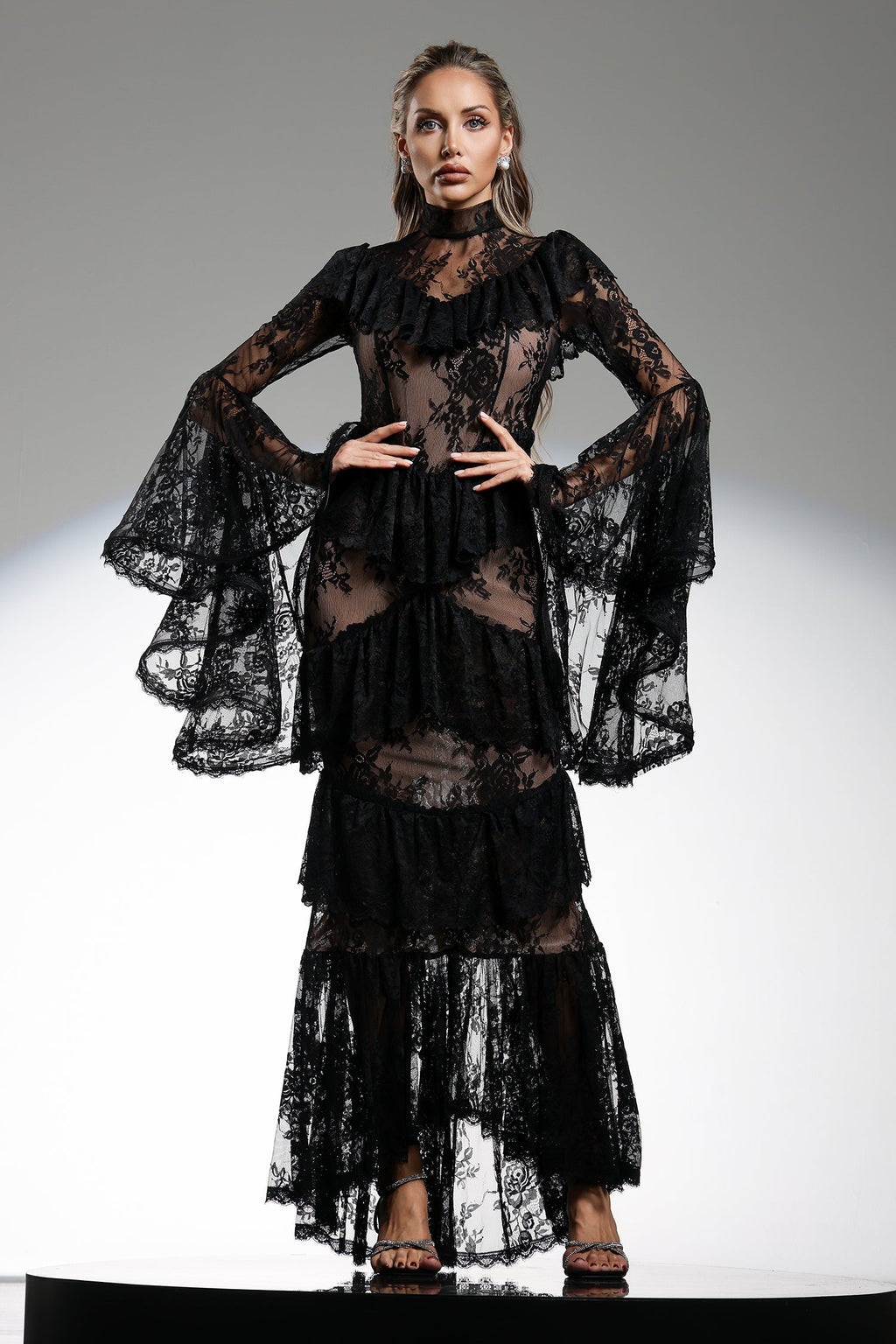 Gabriella Black Lace Flounce Sleeve Maxi Dress