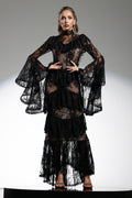 Gabriella Black Lace Flounce Sleeve Maxi Dress