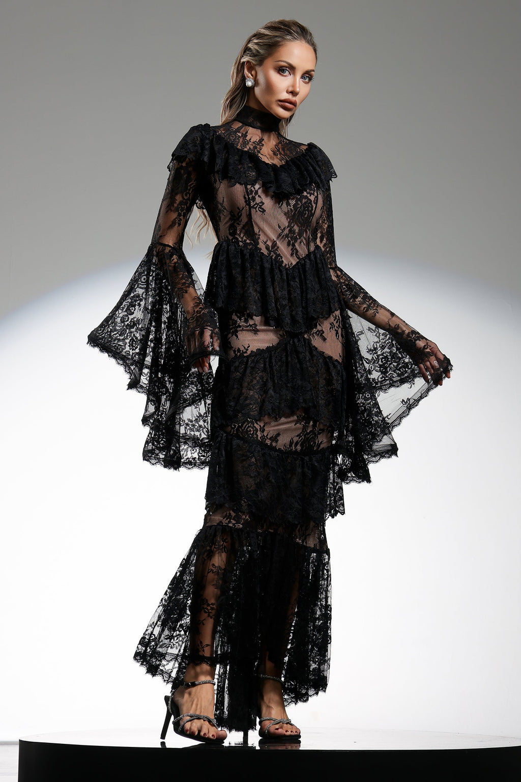 Gabriella Black Lace Flounce Sleeve Maxi Dress