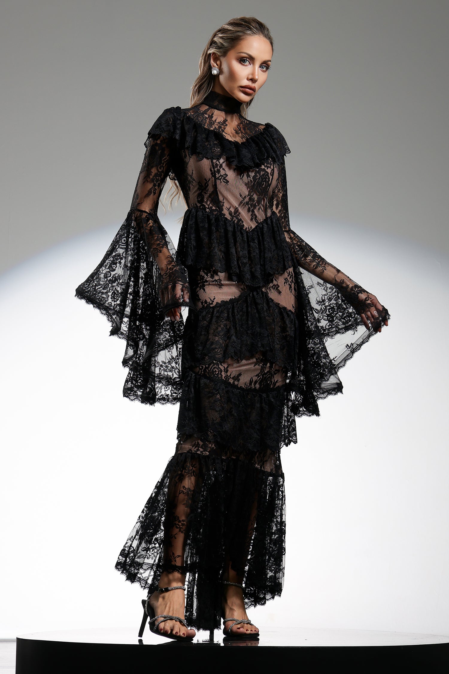Gabriella Black Lace Flounce Sleeve Maxi Dress