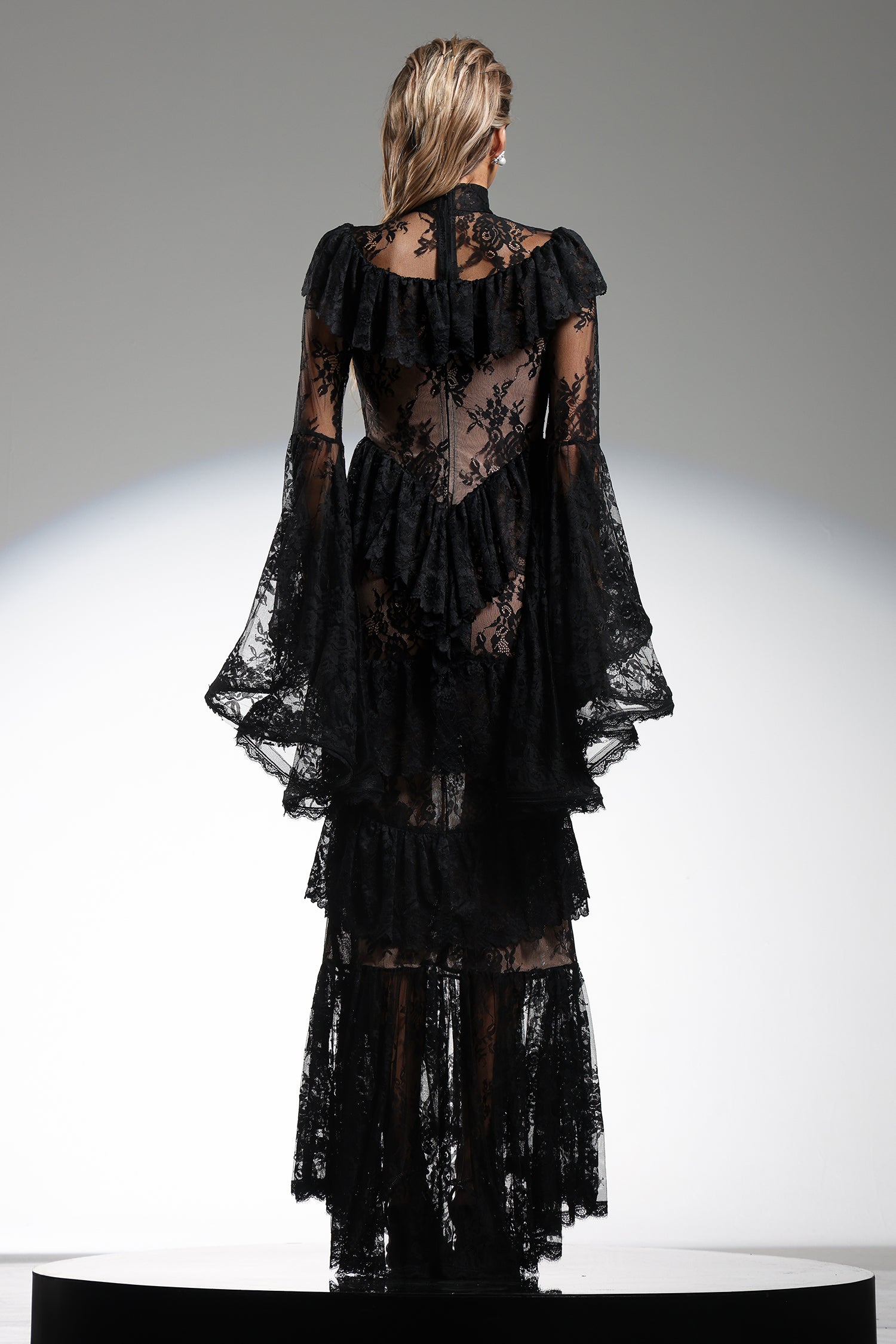 Gabriella Black Lace Flounce Sleeve Maxi Dress for Evening Gatherings and Formal Events
