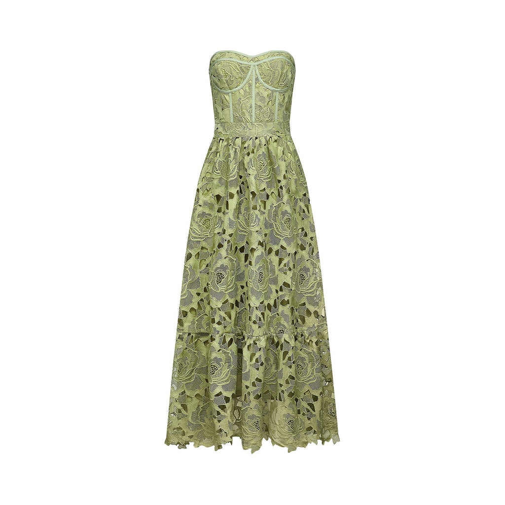 Gabriella Floral Midi Dress - Off Shoulder Bustier Style - Lace Trim Detail - Cut Out Designs - Flounce Hem