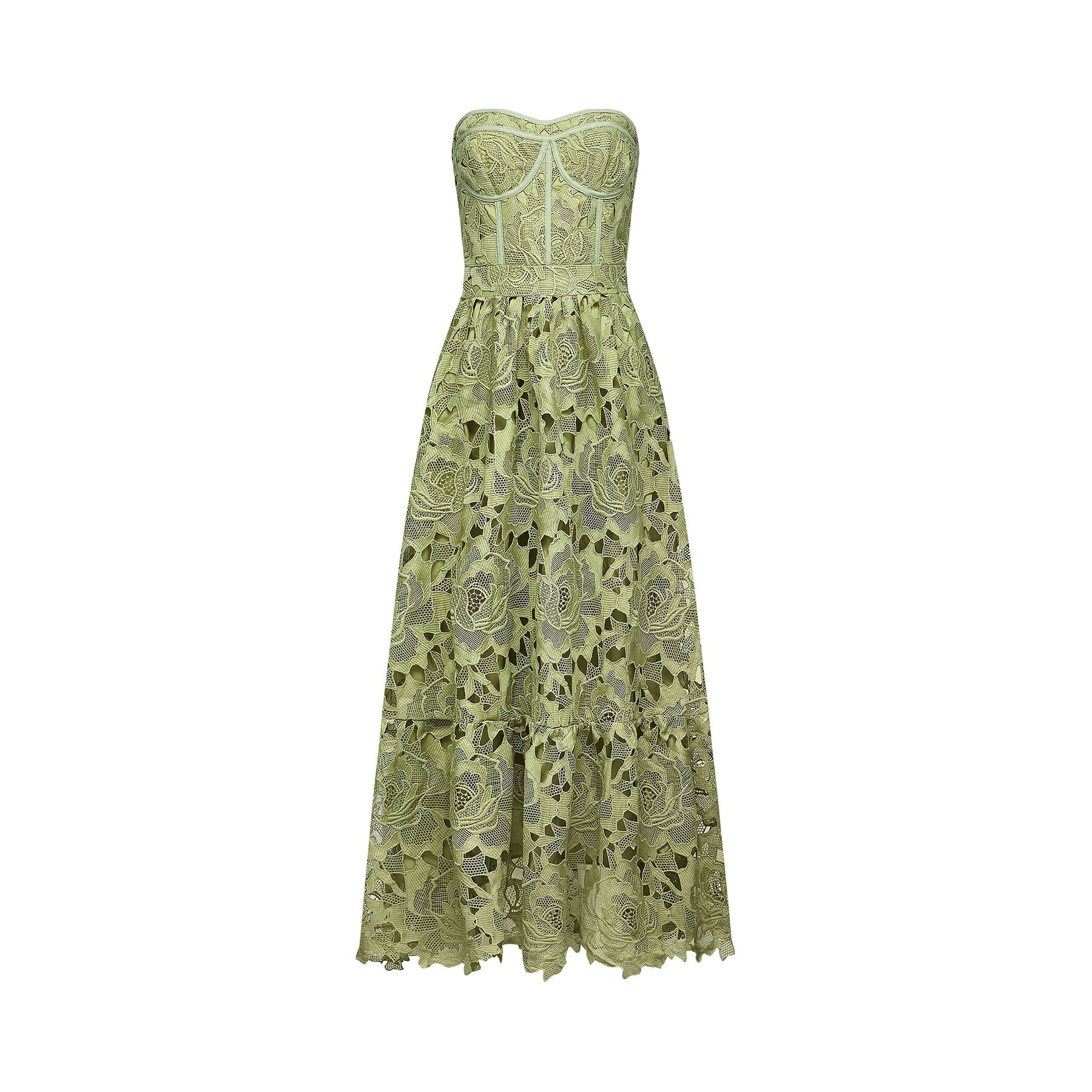 Gabriella Floral Midi Dress - Off Shoulder Bustier Style - Lace Trim Detail - Cut Out Designs - Flounce Hem