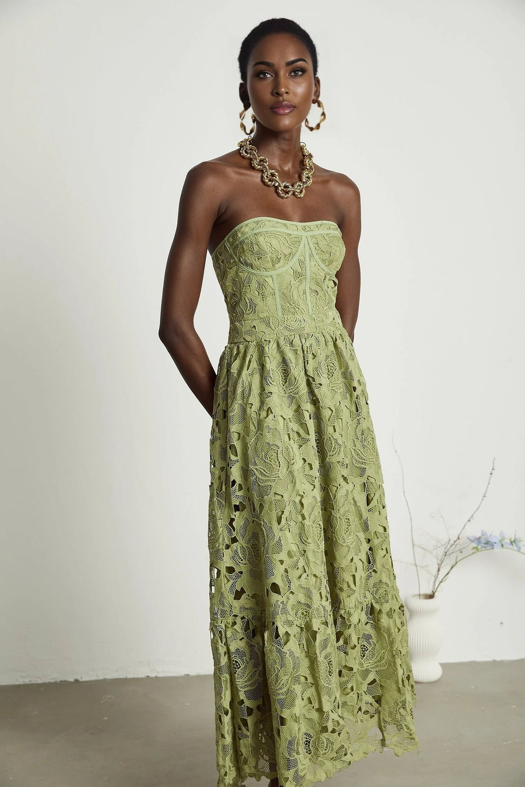 Gabriella Floral Midi Dress - Off Shoulder Bustier Style - Lace Trim Detail - Cut Out Designs - Flounce Hem