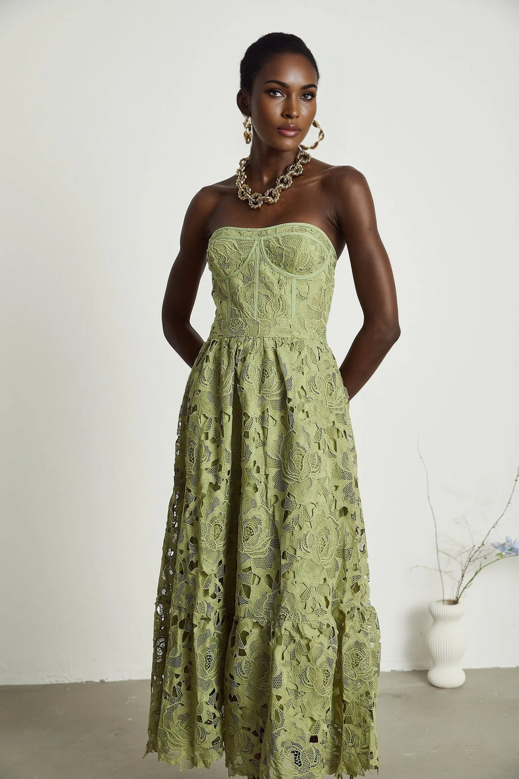 Gabriella Floral Midi Dress - Off Shoulder Bustier Style - Lace Trim Detail - Cut Out Designs - Flounce Hem
