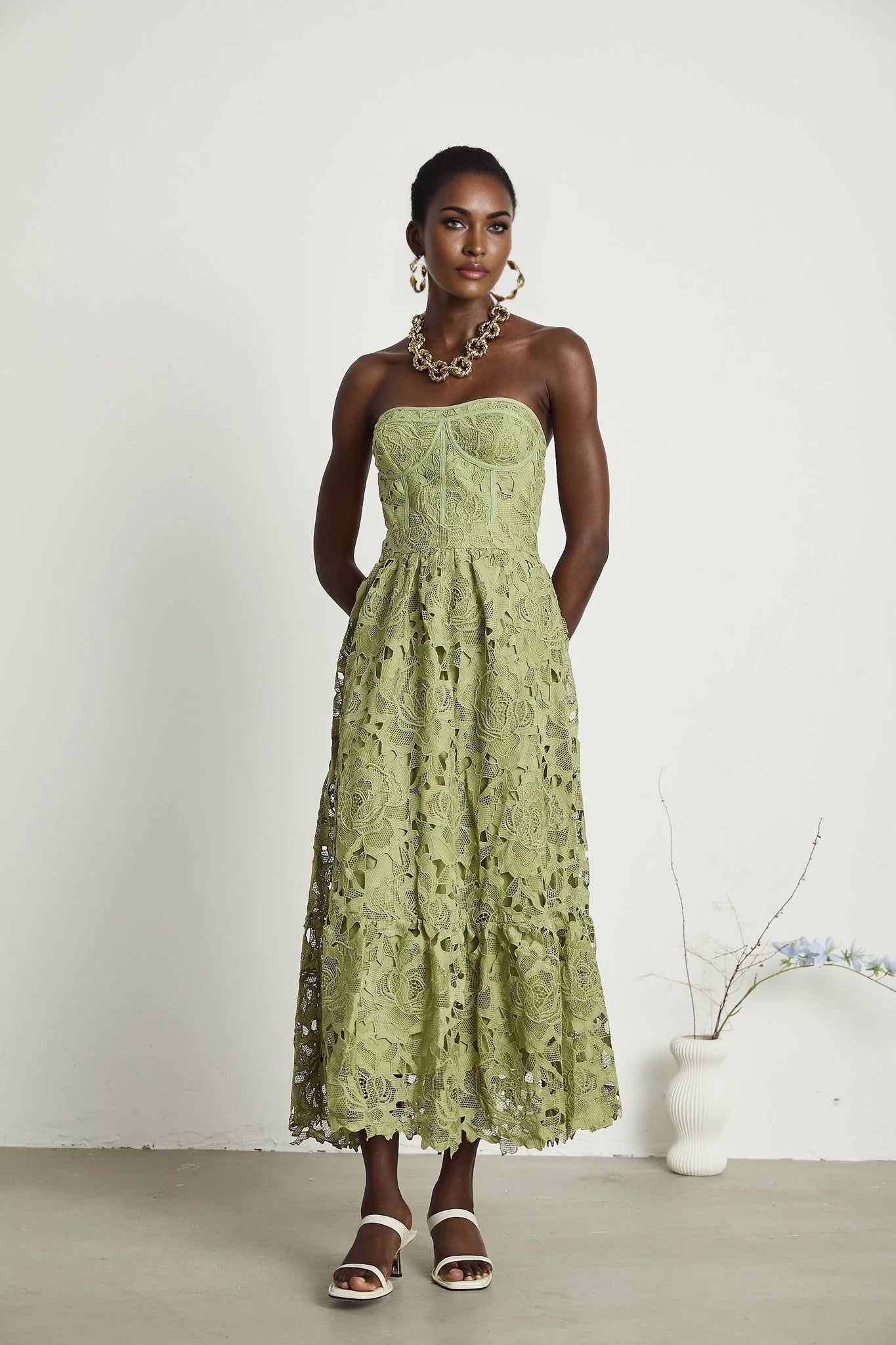 Gabriella Floral Midi Dress - Off Shoulder Bustier Style - Lace Trim Detail - Cut Out Designs - Flounce Hem