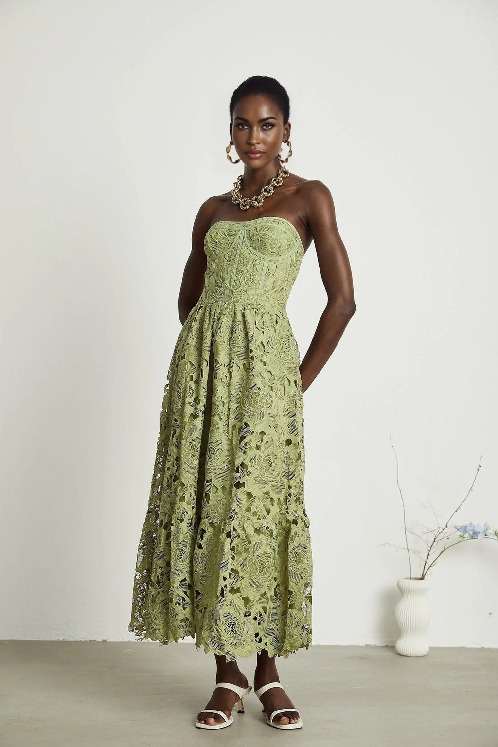 Gabriella Floral Midi Dress - Off Shoulder Bustier Style - Lace Trim Detail - Cut Out Designs - Flounce Hem