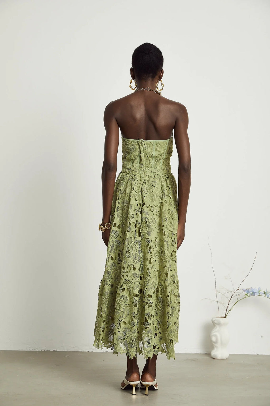 Gabriella Floral Midi Dress - Off Shoulder Bustier Style - Lace Trim Detail - Cut Out Designs - Flounce Hem