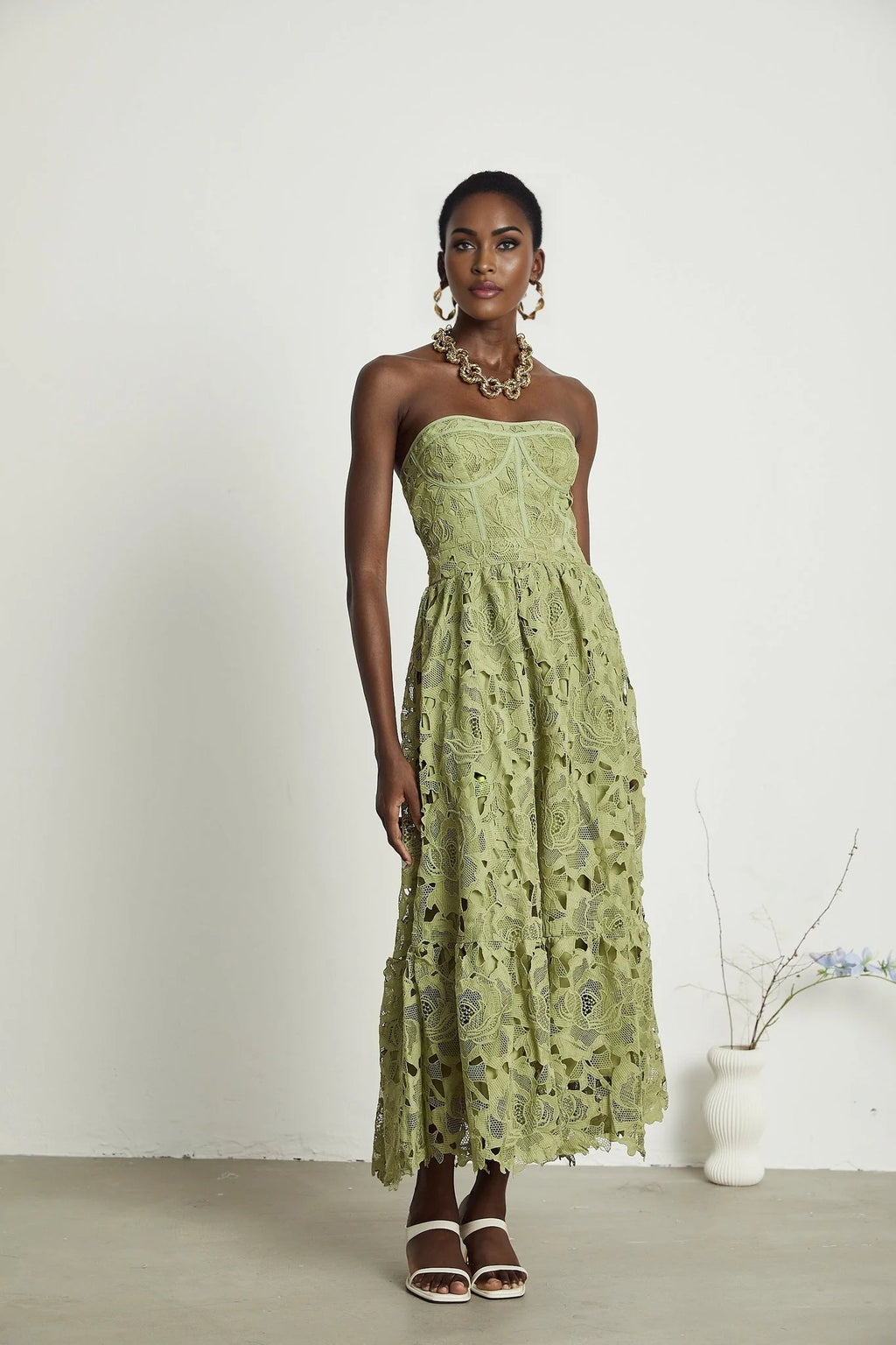 Gabriella Floral Midi Dress - Off Shoulder Bustier Style - Lace Trim Detail - Cut Out Designs - Flounce Hem