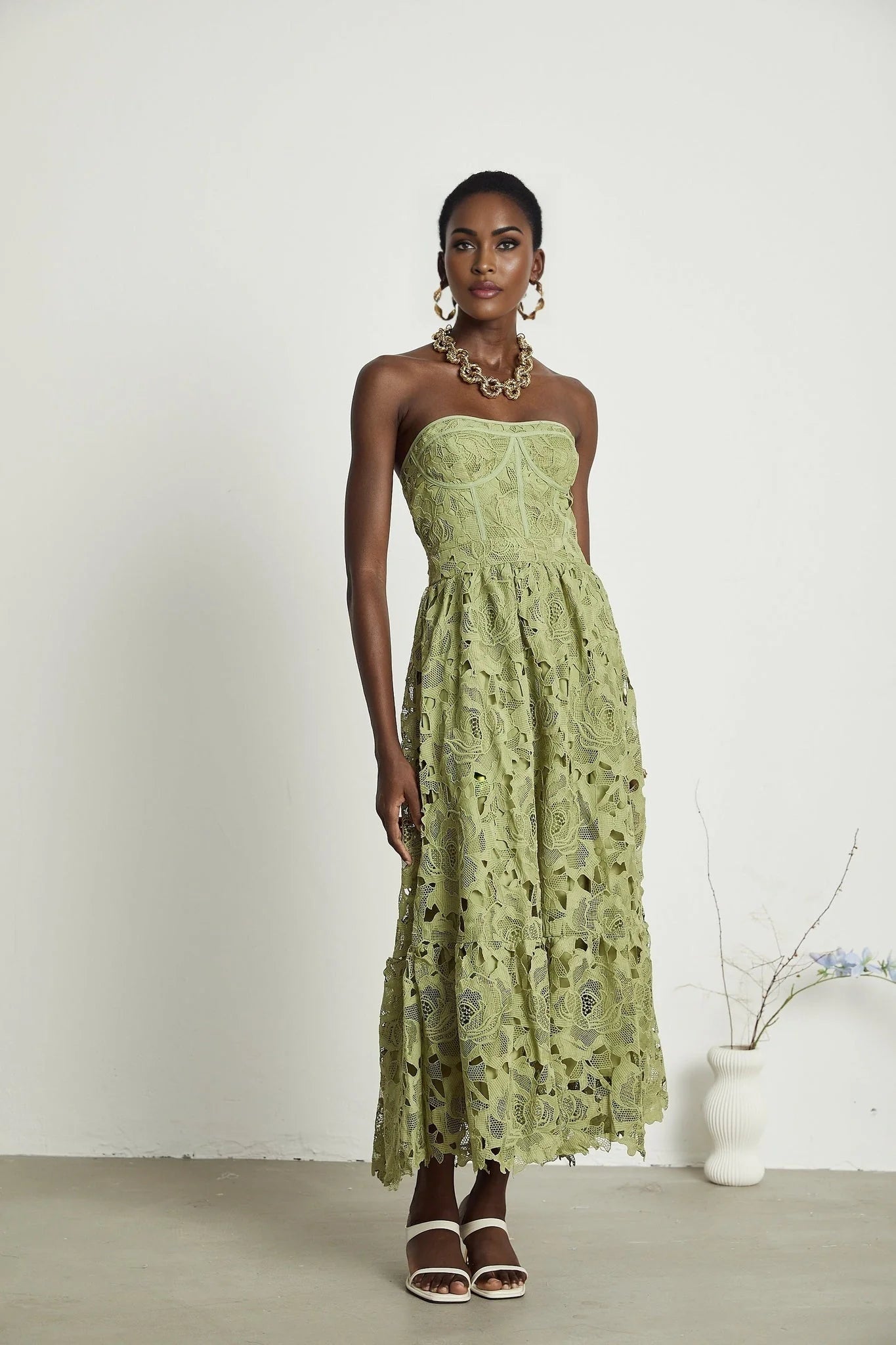 Gabriella Floral Midi Dress - Off Shoulder Bustier Style - Lace Trim Detail - Cut Out Designs - Flounce Hem