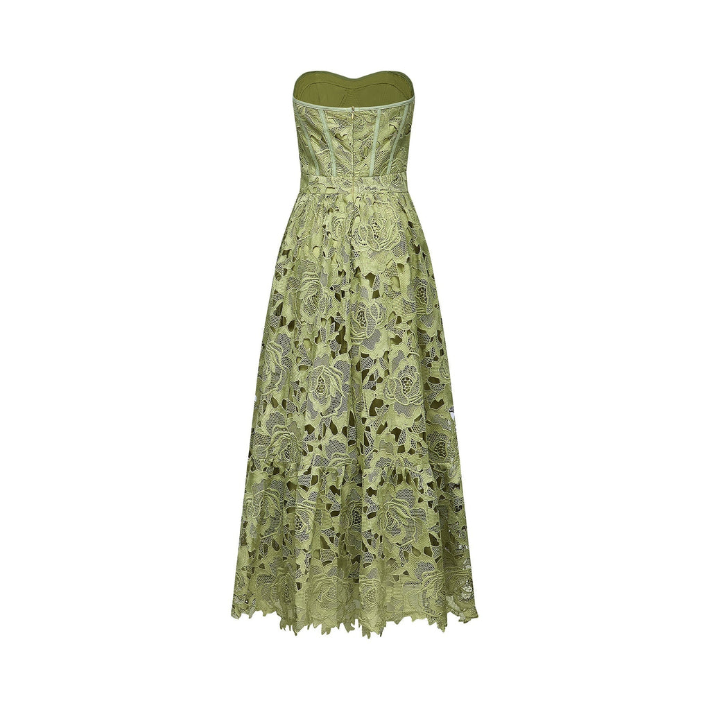 Gabriella Floral Midi Dress - Off Shoulder Bustier Style - Lace Trim Detail - Cut Out Designs - Flounce Hem