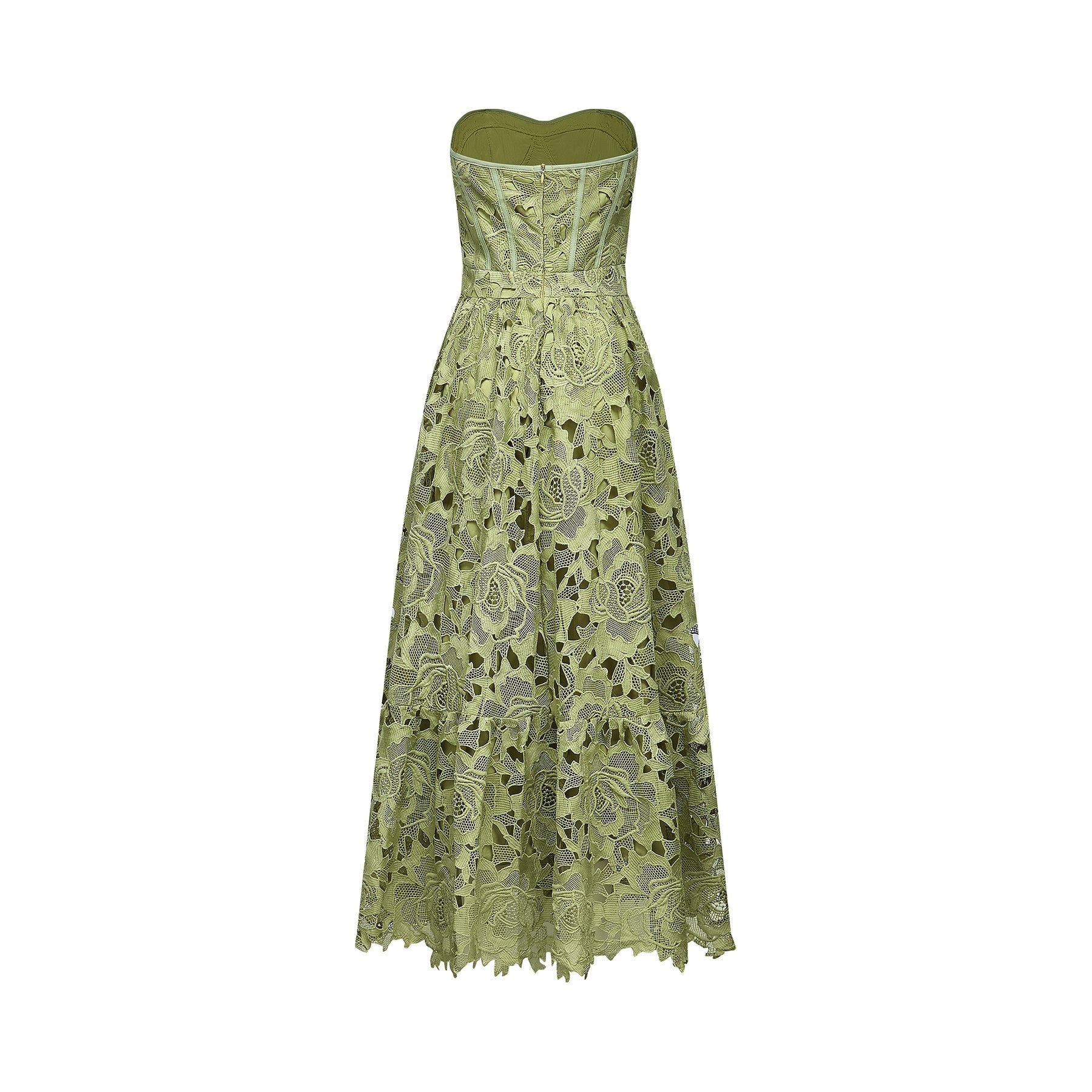 Gabriella Floral Midi Dress - Off Shoulder Bustier Style - Lace Trim Detail - Cut Out Designs - Flounce Hem