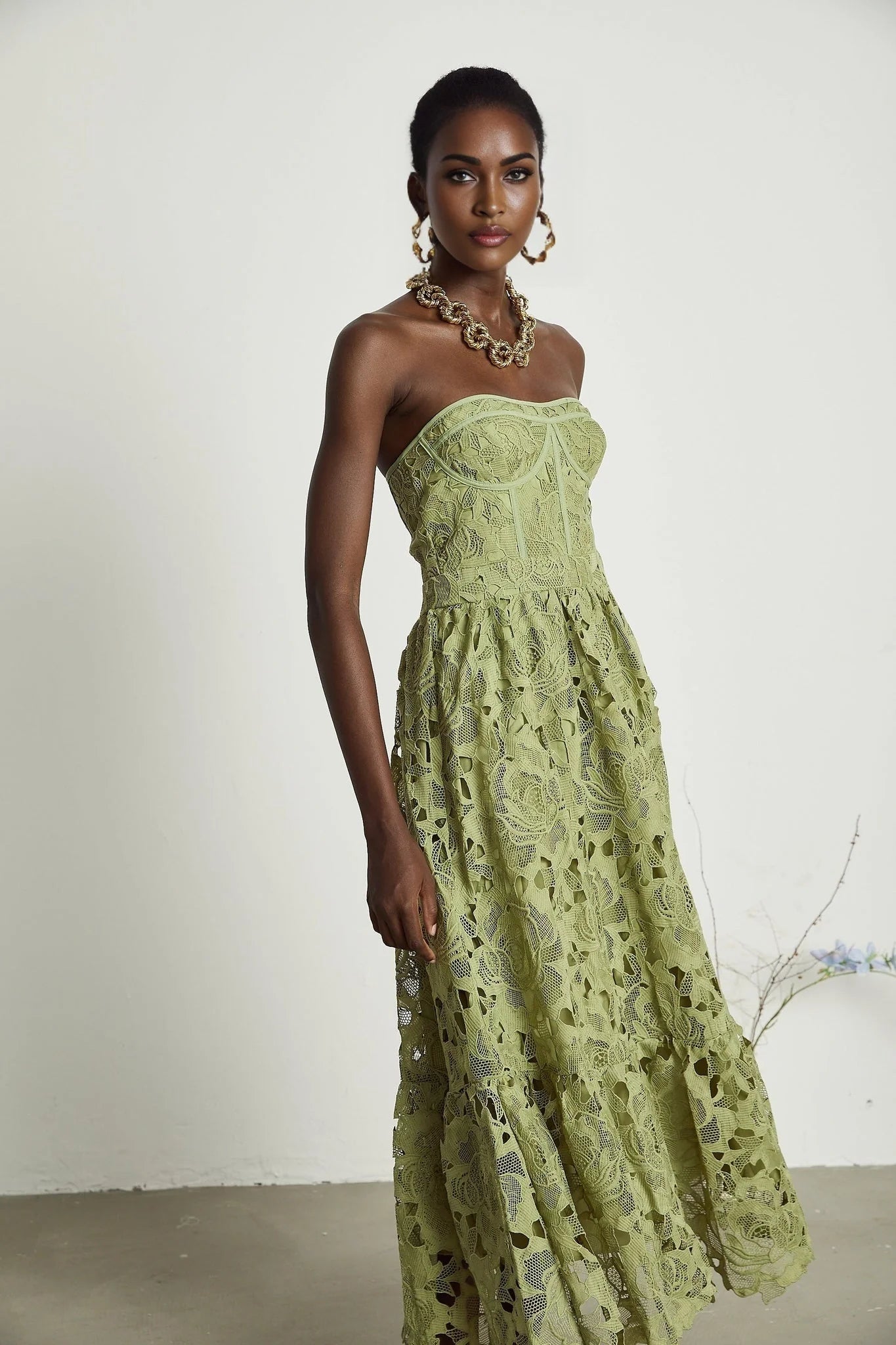 Gabriella Floral Midi Dress - Off Shoulder Bustier Style - Lace Trim Detail - Cut Out Designs - Flounce Hem
