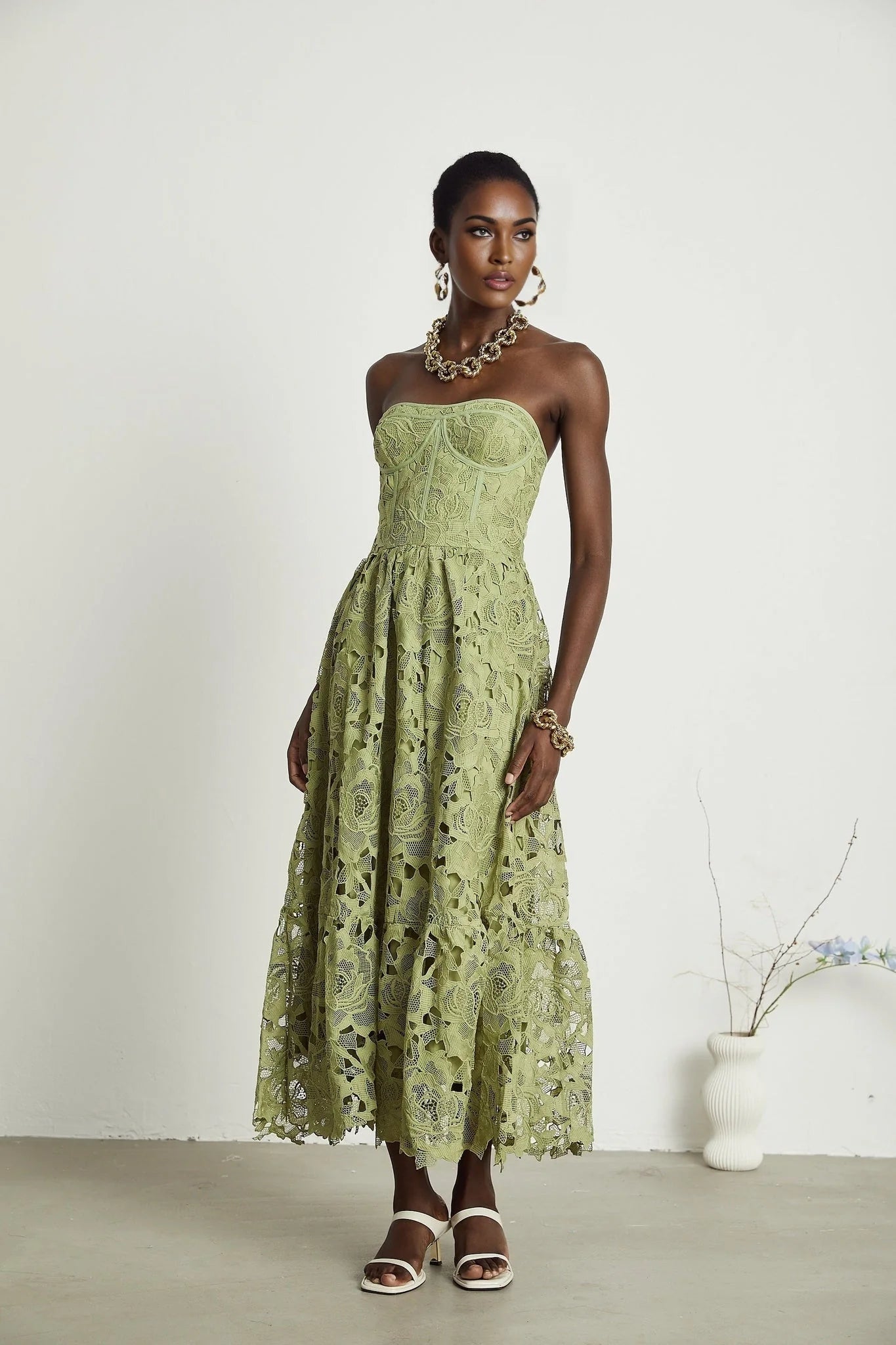 Gabriella Floral Midi Dress - Off Shoulder Bustier Style - Lace Trim Detail - Cut Out Designs - Flounce Hem