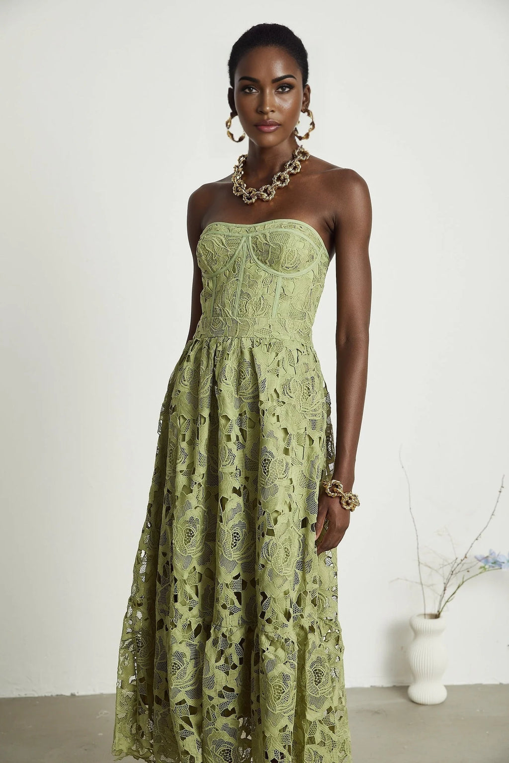 Gabriella Floral Midi Dress - Off Shoulder Bustier Style - Lace Trim Detail - Cut Out Designs - Flounce Hem