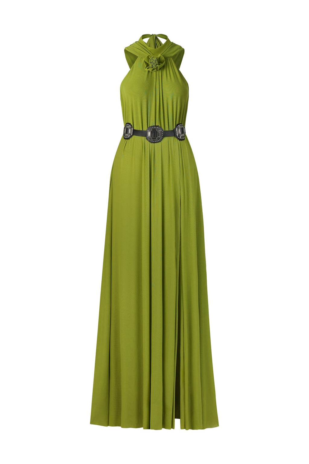 Gabriella Green Halterneck Dress with Slit and Flower Detailing