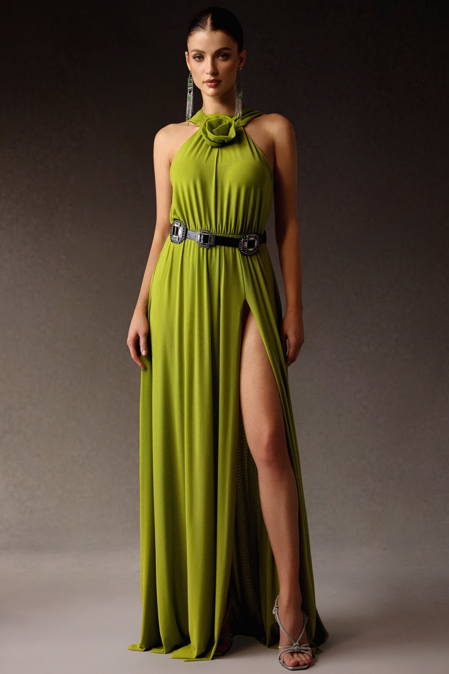 Gabriella Green Halterneck Dress with Slit and Flower Detailing for Special Occasions