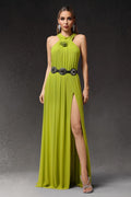 Gabriella Green Halterneck Dress with Slit and Flower Detailing