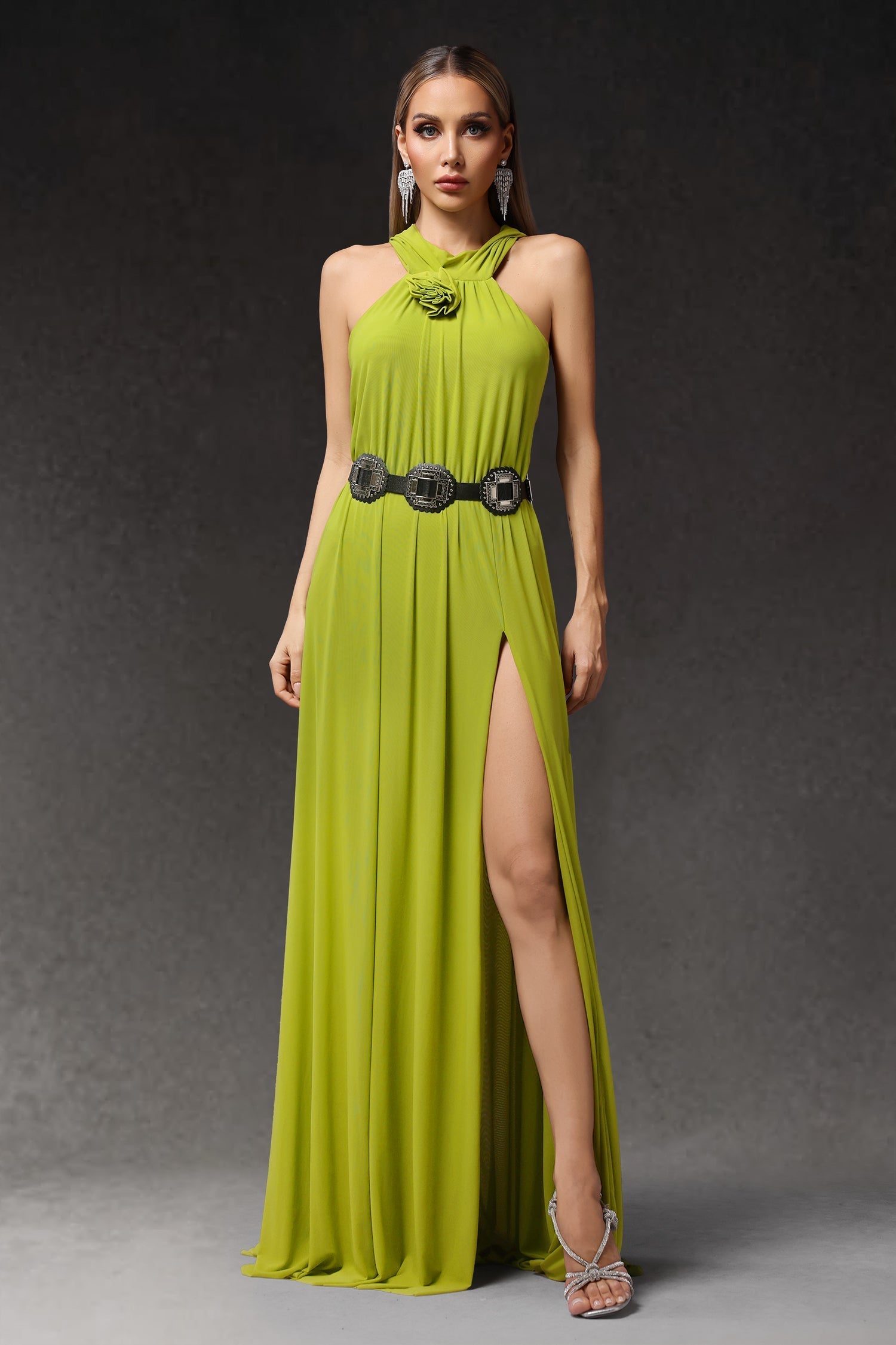 Gabriella Green Halterneck Dress with Slit and Flower Detailing