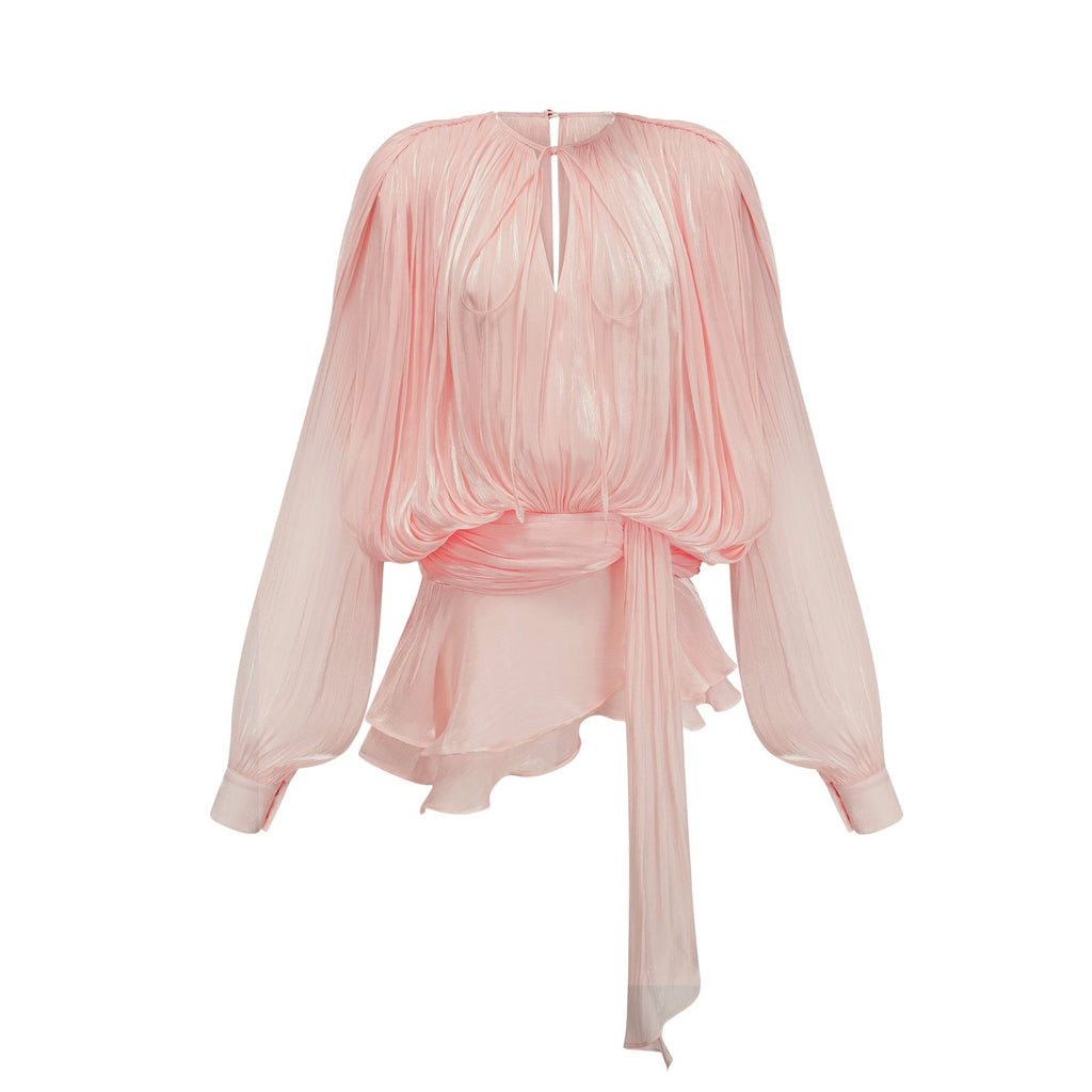 Gabriella Mini Dress - Long Sleeves - Twist Design - Shoulder Pads - Draped Pleats - Ruffled Hem
