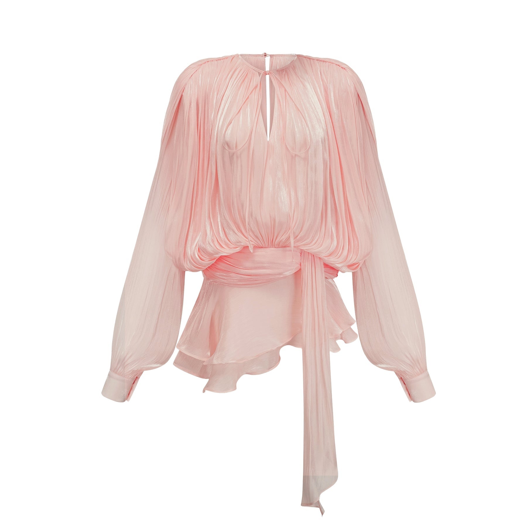 Gabriella Mini Dress - Long Sleeves - Twist Design - Shoulder Pads - Draped Pleats - Ruffled Hem