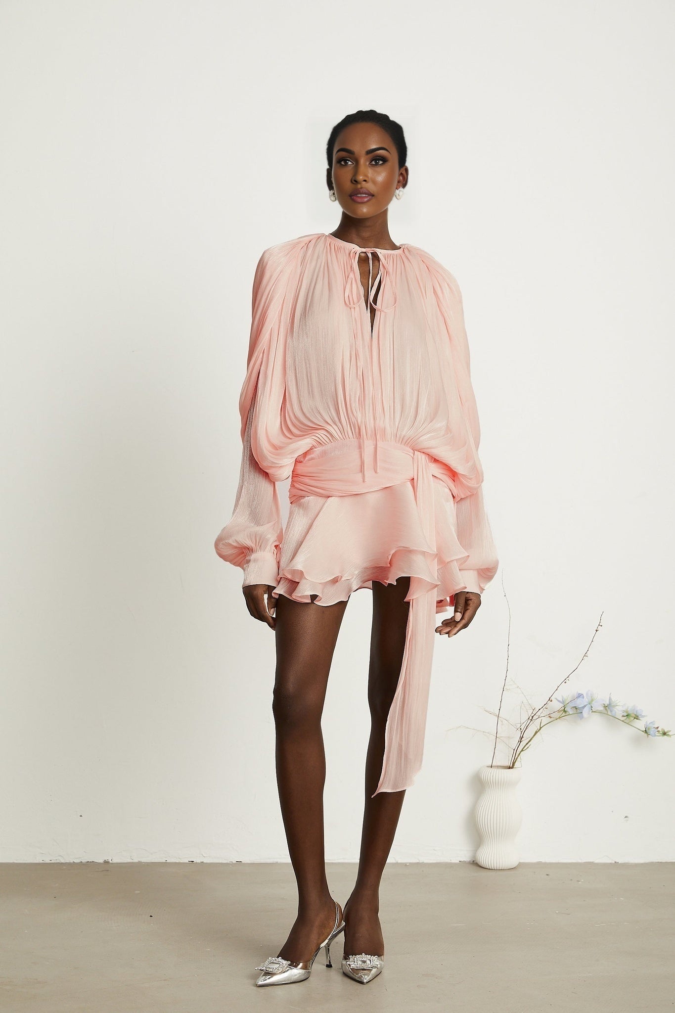 Gabriella Mini Dress - Long Sleeves - Twist Design - Shoulder Pads - Draped Pleats - Ruffled Hem