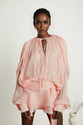 Gabriella Mini Dress - Long Sleeves - Twist Design - Shoulder Pads - Draped Pleats - Ruffled Hem