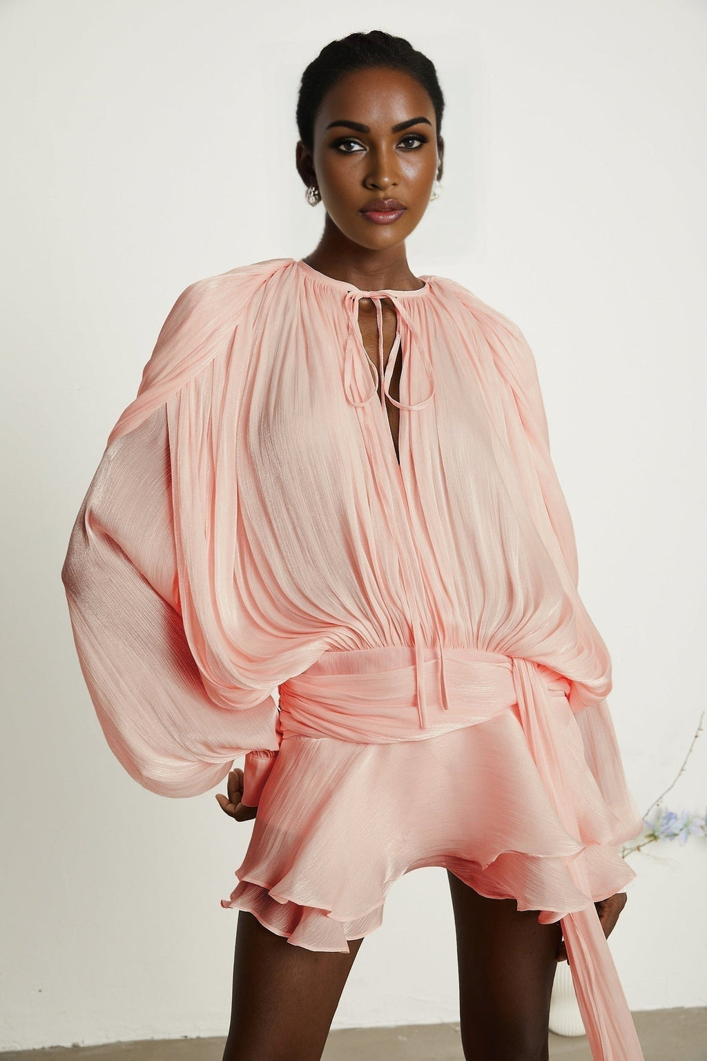 Gabriella Mini Dress - Long Sleeves - Twist Design - Shoulder Pads - Draped Pleats - Ruffled Hem
