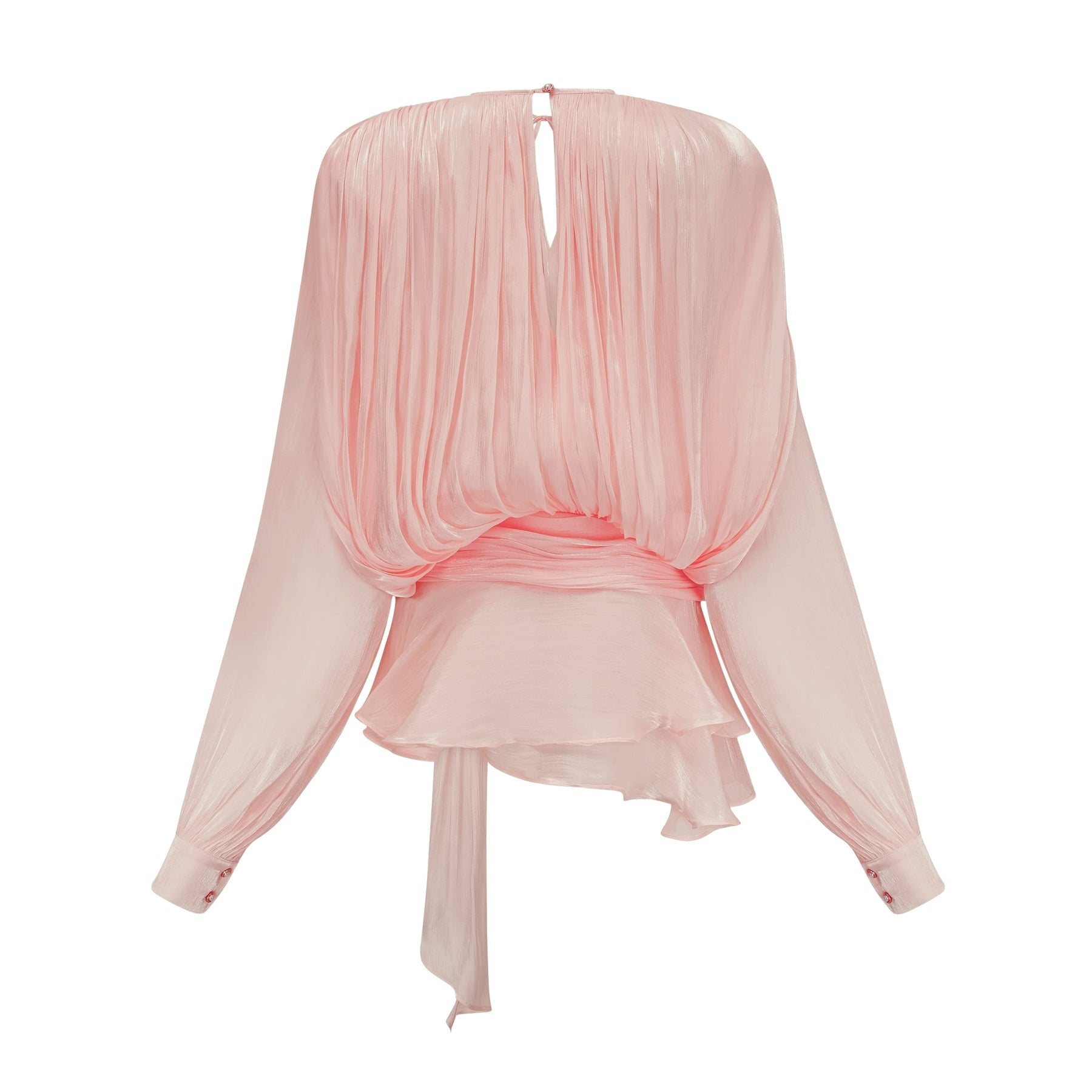 Gabriella Mini Dress - Long Sleeves - Twist Design - Shoulder Pads - Draped Pleats - Ruffled Hem