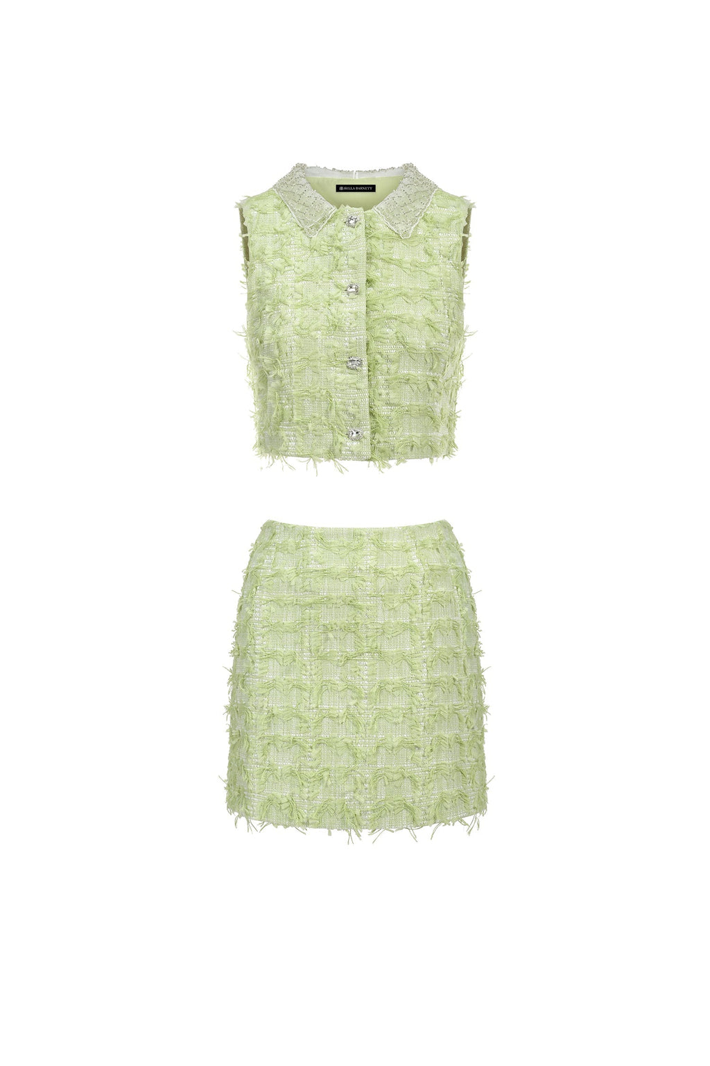 Gabrielle Green Two-Piece Dress Set with Collared Crop Top and Fitted Skirt