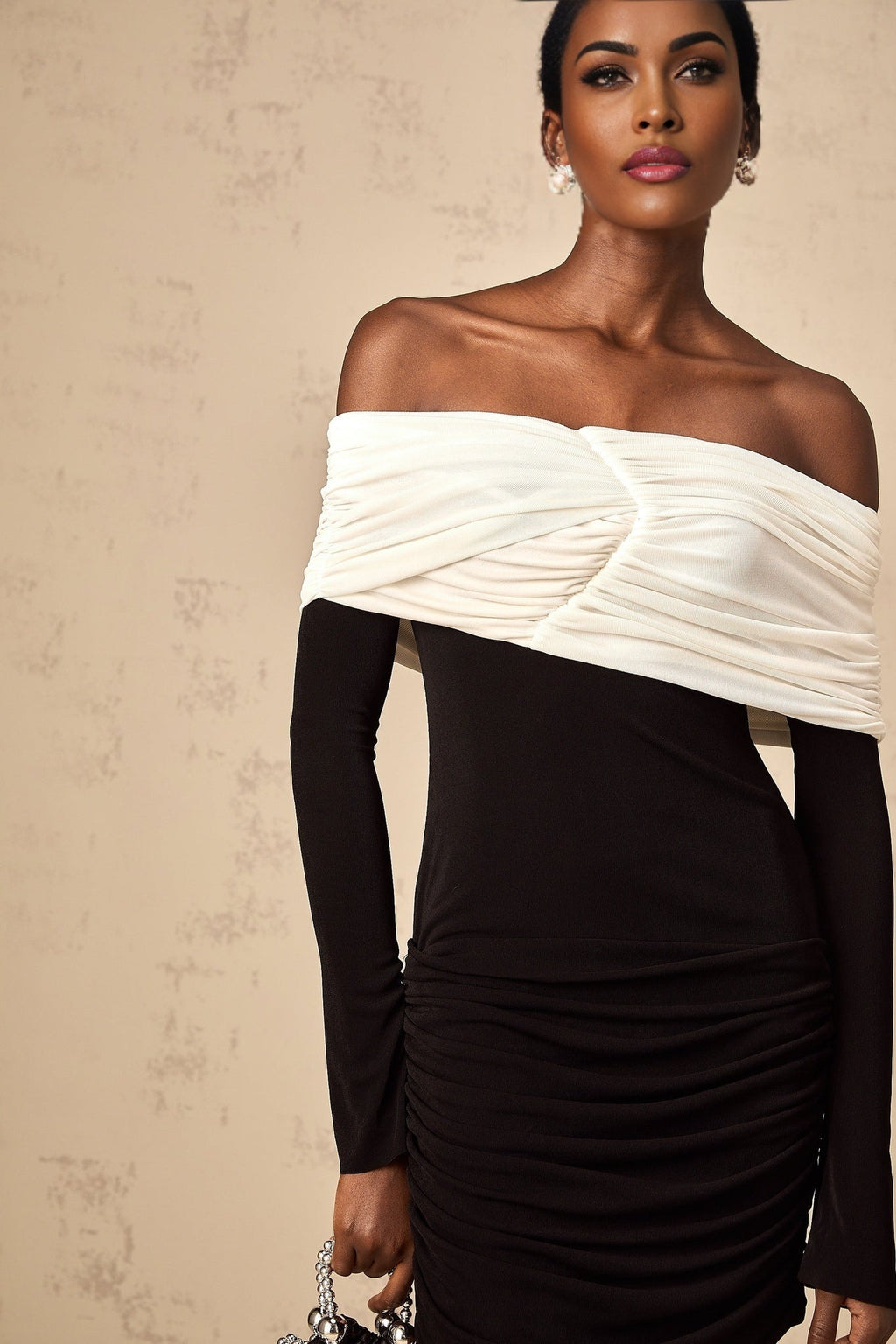 Gabrielle Mini Dress - Off the Shoulder Style - Long Sleeves - Color Blocked Design - Ruched Detailing