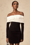 Gabrielle Mini Dress - Off the Shoulder Style - Long Sleeves - Color Blocked Design - Ruched Detailing