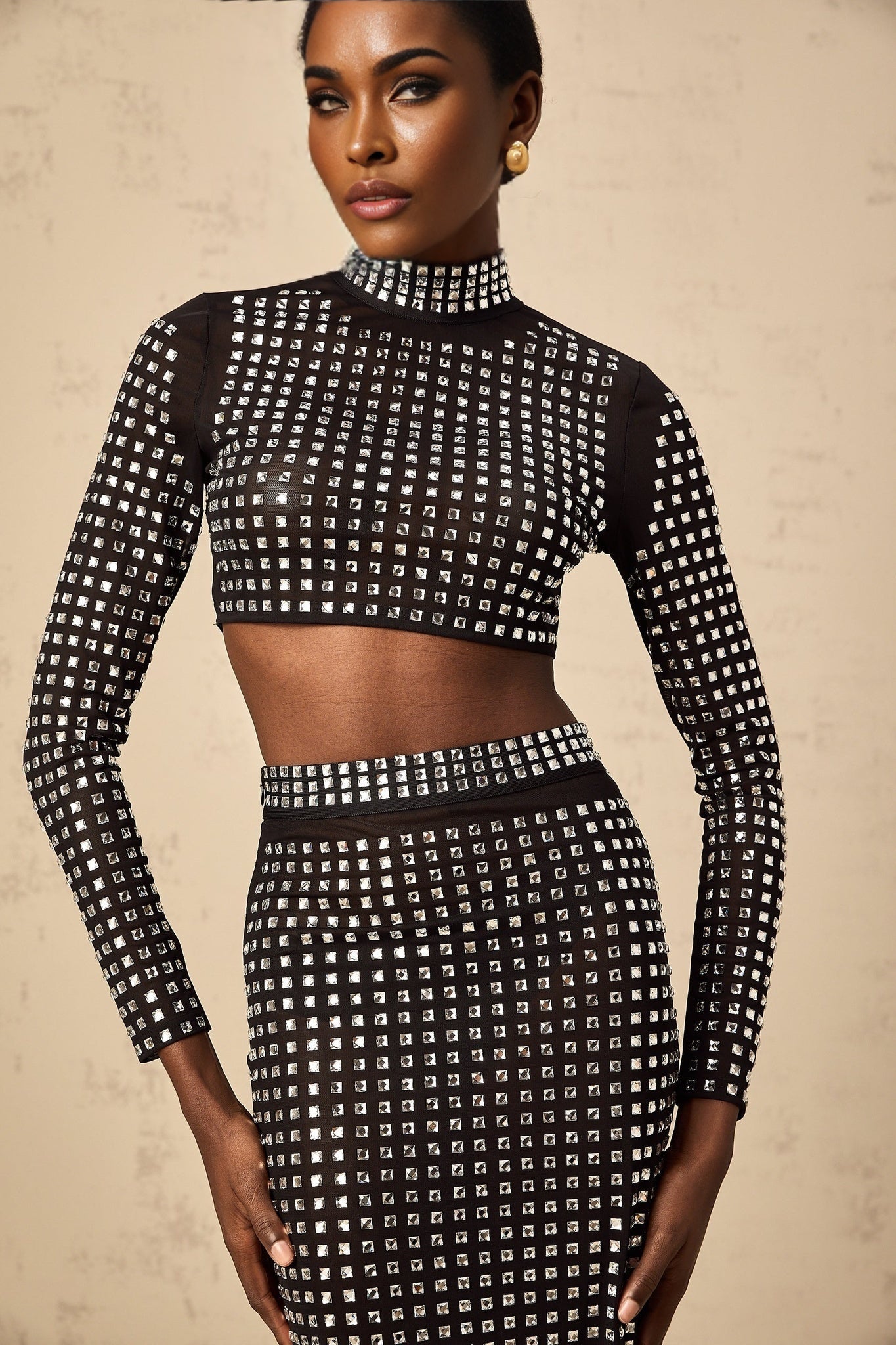 Gabrielle Skirt & Top Set - Stretch Mesh - Rhinestone Embellishment - Side Slit - Calf Length