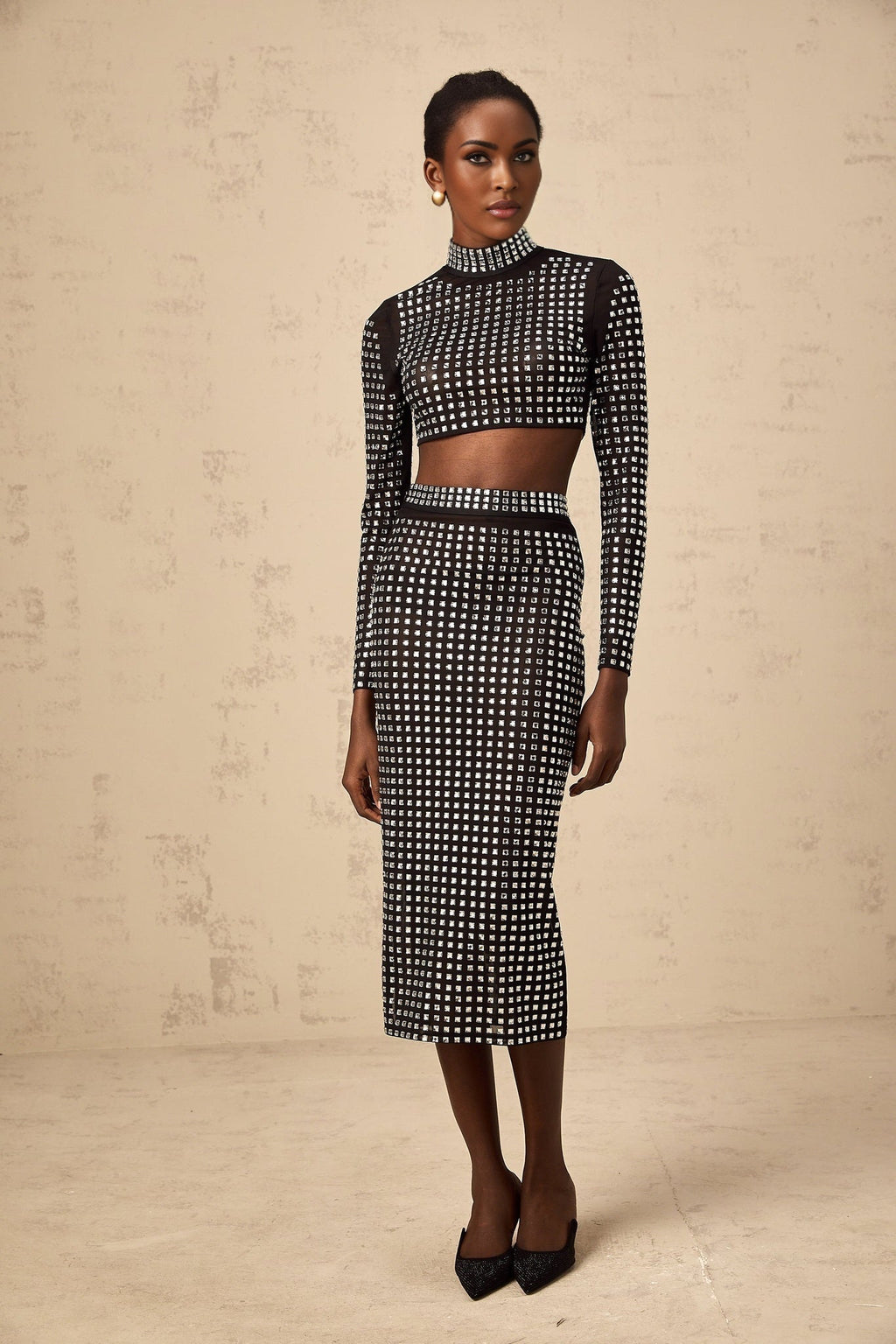 Gabrielle Skirt & Top Set - Stretch Mesh - Rhinestone Embellishment - Side Slit - Calf Length