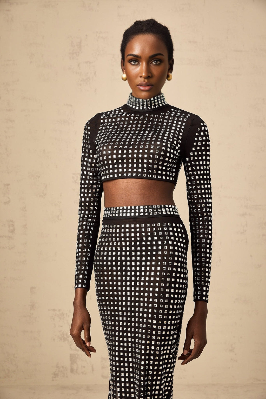 Gabrielle Skirt & Top Set - Stretch Mesh - Rhinestone Embellishment - Side Slit - Calf Length