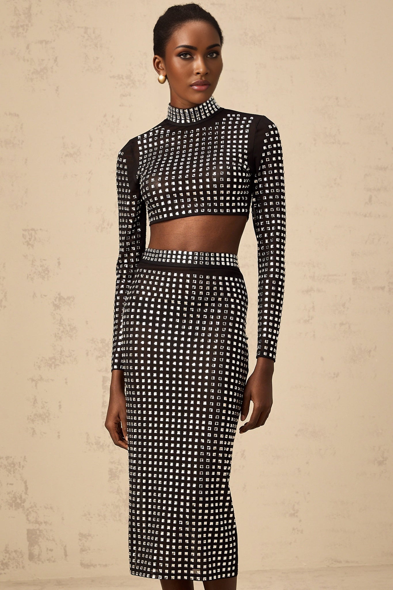 Gabrielle Skirt & Top Set - Stretch Mesh - Rhinestone Embellishment - Side Slit - Calf Length