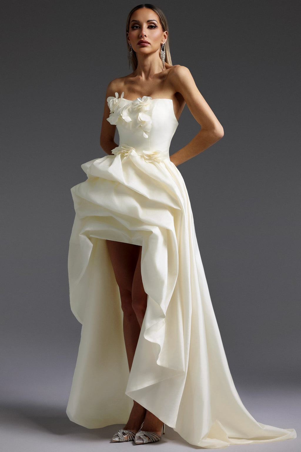 Gaetana Ivory Floral Embellished High-Low Dress