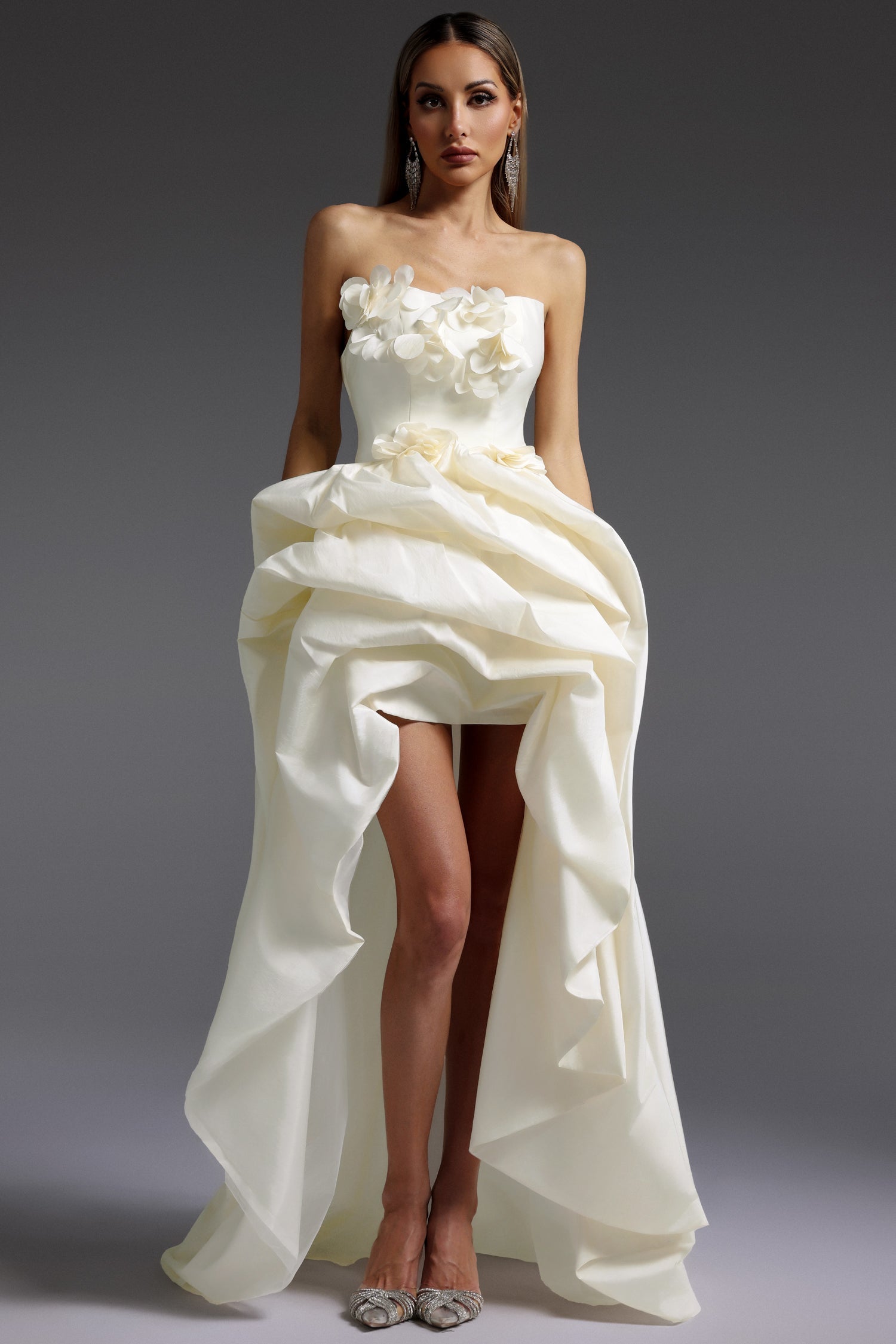 Gaetana Ivory Floral Embellished Strapless High-Low Dress for Special Occasions