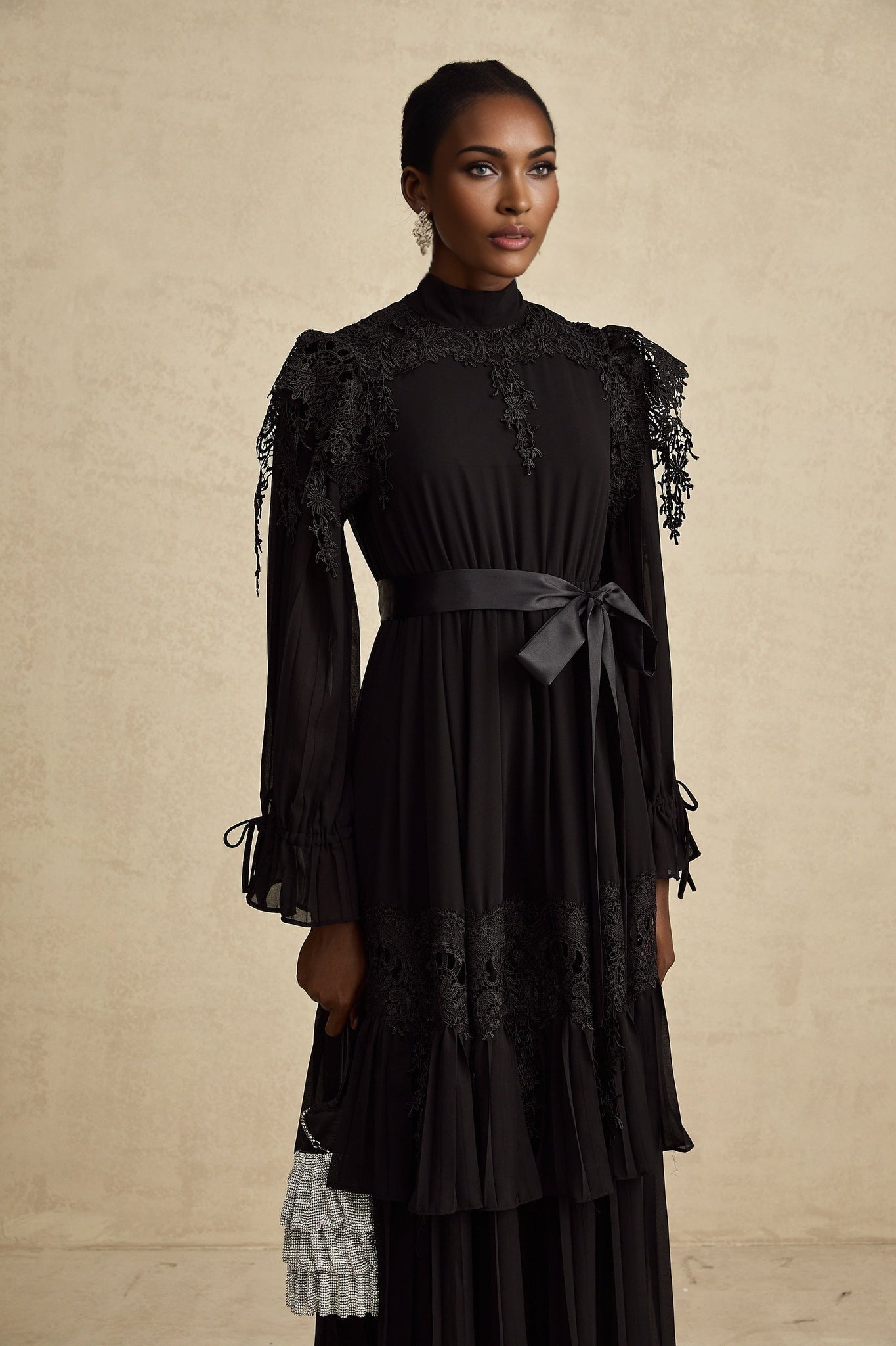 Gaetana Midi Dress - Long Sleeves - Guipure Lace - Ruffled Trim - Pleated & Tiered Design - Belted Waist