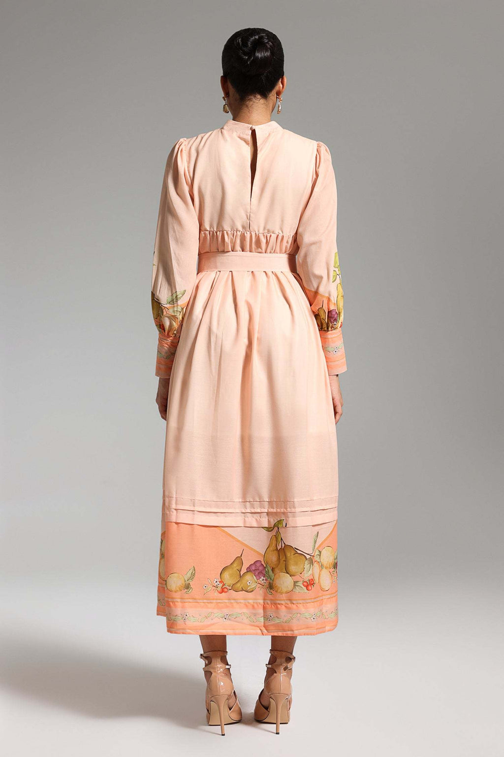 Gaetana Peach Floral Midi Dress with High Neckline and Long Sleeves