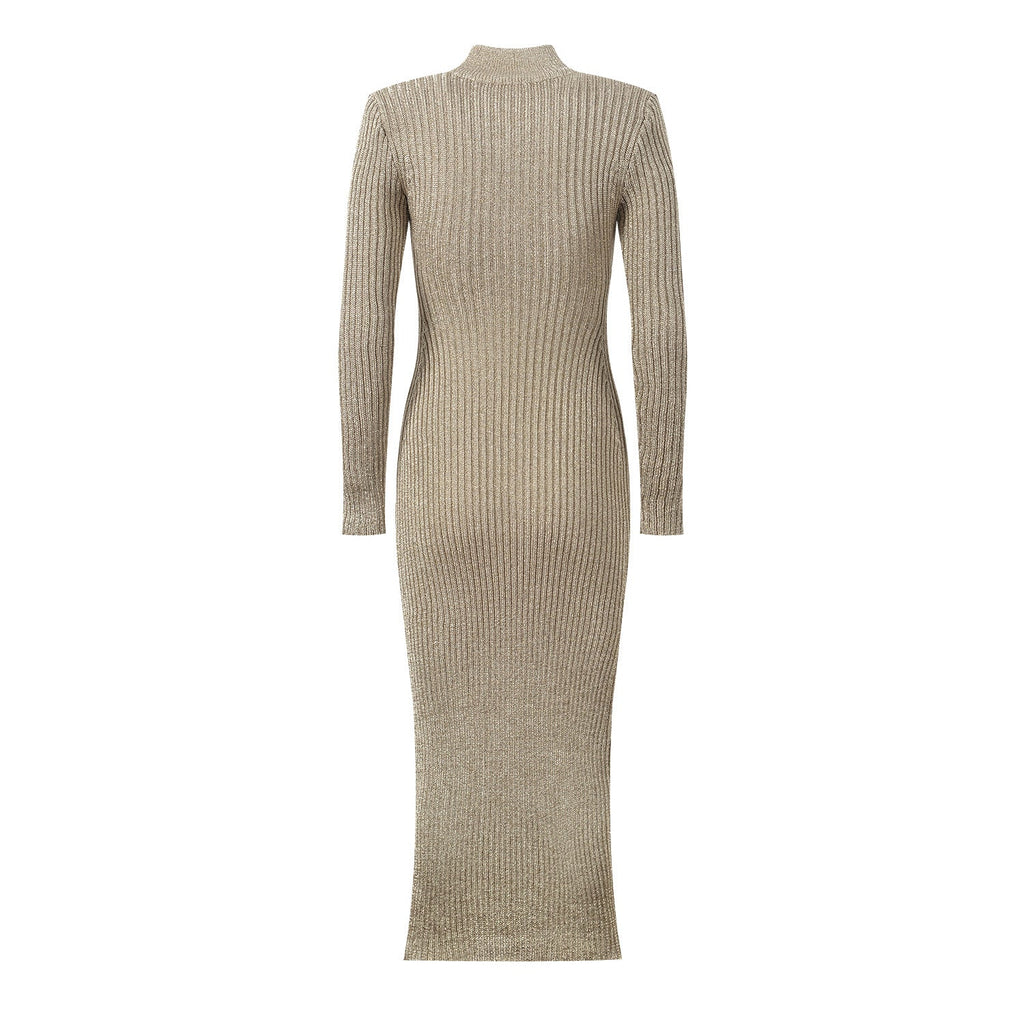 Gaia Midi Dress - Figure - Hugging Silhouette - Metallic Finish - Sculpted Fit - Elegant High Neckline - Luxurious Shimmer