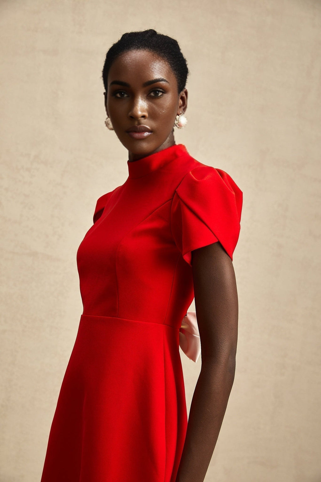 Gaia Mini Dress - Crew Neck - Short Petal Sleeves - Bow Detailing - Cut - Out Back