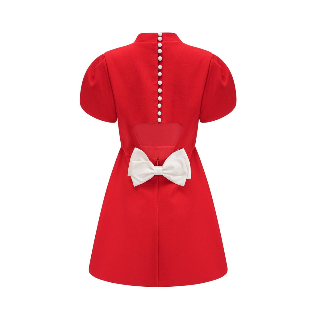Gaia Mini Dress - Crew Neck - Short Petal Sleeves - Bow Detailing - Cut - Out Back