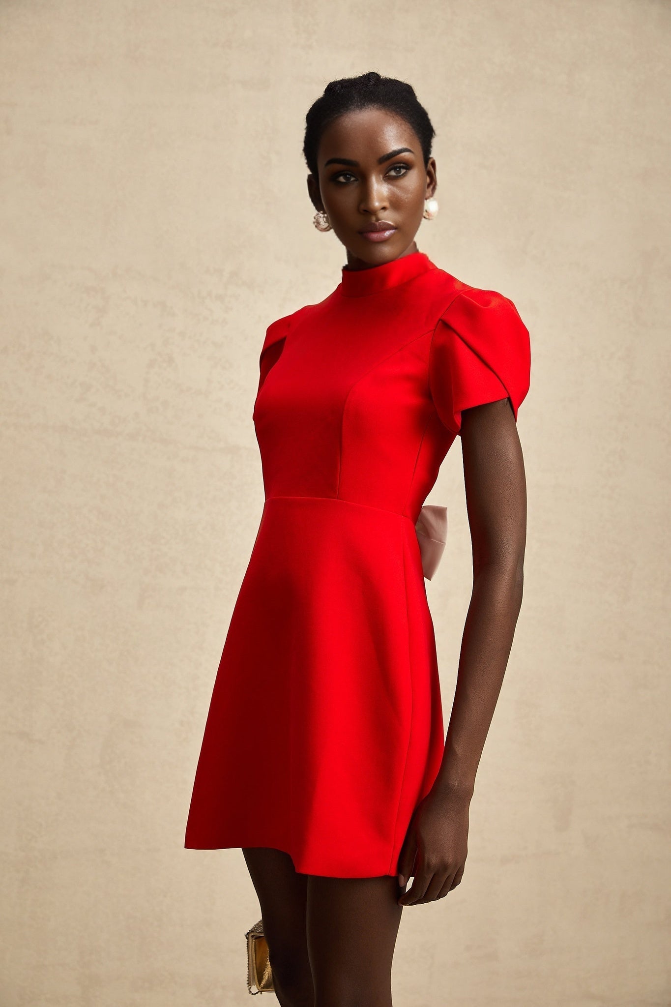 Gaia Mini Dress - Crew Neck - Short Petal Sleeves - Bow Detailing - Cut - Out Back
