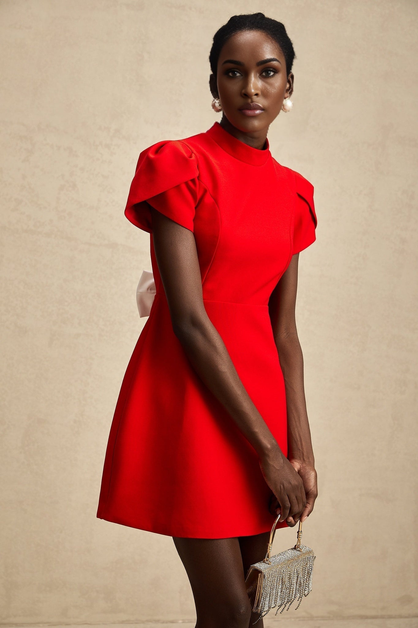 Gaia Mini Dress - Crew Neck - Short Petal Sleeves - Bow Detailing - Cut - Out Back