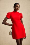 Gaia Mini Dress - Crew Neck - Short Petal Sleeves - Bow Detailing - Cut - Out Back